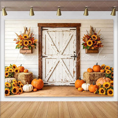Lofaris Rustic White Barn Door Autumn Backdrop with Sunflowers and Pumpkins Harvest Festival Photography Background for Fall Party Decor