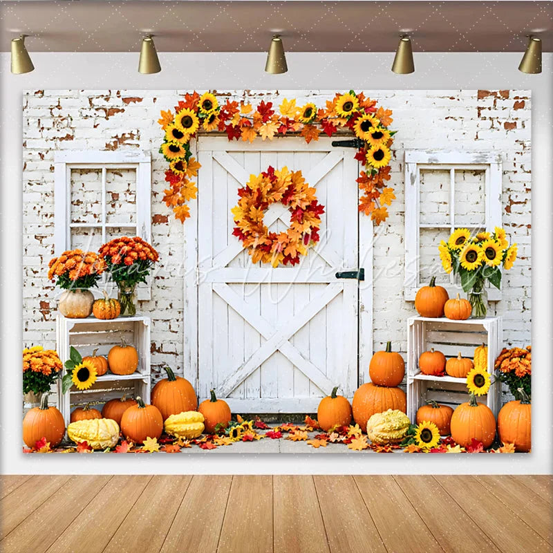 Lofaris Rustic White Barn Door Autumn Harvest Backdrop with Pumpkins and Sunflowers Fall Photography Background for Thanksgiving Decor