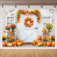 Lofaris Rustic White Barn Door Autumn Harvest Backdrop with Pumpkins and Sunflowers Fall Photography Background for Thanksgiving Decor