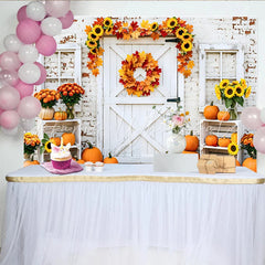 Lofaris Rustic White Barn Door Autumn Harvest Backdrop with Pumpkins and Sunflowers Fall Photography Background for Thanksgiving Decor