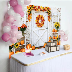 Lofaris Rustic White Barn Door Autumn Harvest Backdrop with Pumpkins and Sunflowers Fall Photography Background for Thanksgiving Decor