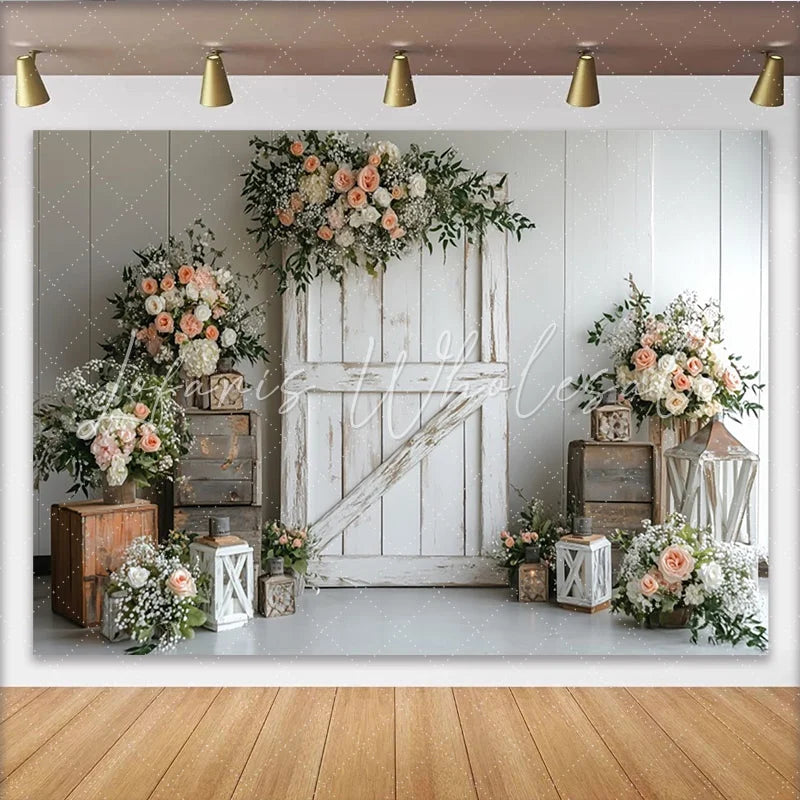 Lofaris Rustic White Barn Door Floral Photography Backdrop with Peach Roses and Greenery Elegant Studio Background for Wedding Event
