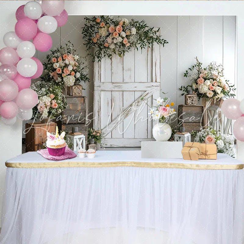 Lofaris Rustic White Barn Door Floral Photography Backdrop with Peach Roses and Greenery Elegant Studio Background for Wedding Event