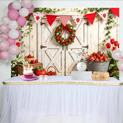 Lofaris Rustic White Barn Door Strawberry Farm Photography Backdrop Fresh Fruit Harvest Photo Booth Background for Spring Summer Events