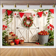 Lofaris Rustic White Barn Door Strawberry Farm Photography Backdrop Fresh Fruit Harvest Photo Booth Background for Spring Summer Events