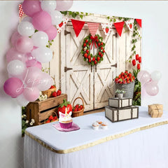 Lofaris Rustic White Barn Door Strawberry Farm Photography Backdrop Fresh Fruit Harvest Photo Booth Background for Spring Summer Events
