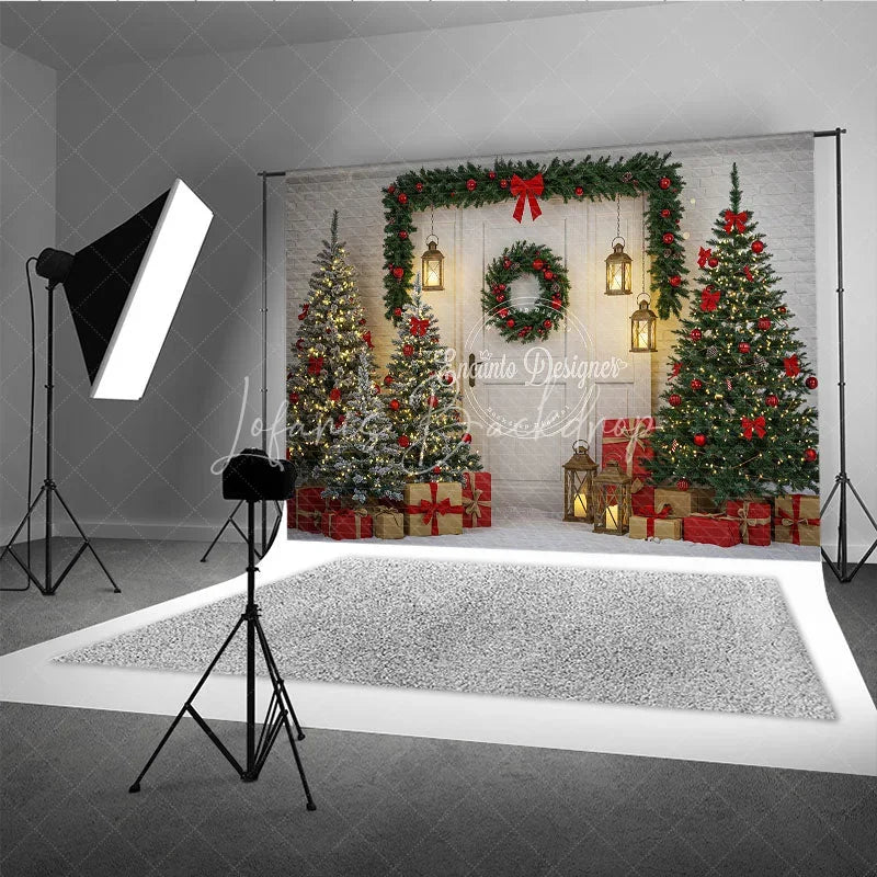 Lofaris Rustic White Door Christmas Photography Backdrop Red and Green Garland with Lanterns Holiday Photo Background