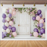 Lofaris Rustic White Door Floral Balloon Birthday Backdrop Purple Pink Cream Party Decor for Photoshoot
