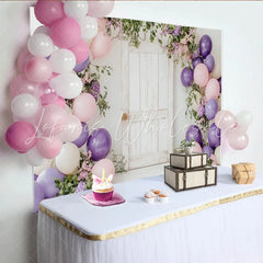 Lofaris Rustic White Door Floral Balloon Birthday Backdrop Purple Pink Cream Party Decor for Photoshoot