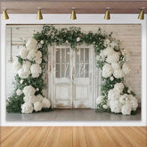 Lofaris Rustic White Door Wedding Backdrop with Hydrangeas and Greenery Elegant Floral Photography Background for Bridal Shower Decor
