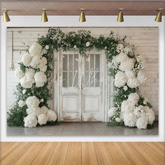 Lofaris Rustic White Door Wedding Backdrop with Hydrangeas and Greenery Elegant Floral Photography Background for Bridal Shower Decor
