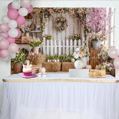 Lofaris Rustic White Picket Fence Easter Photography Backdrop with Pink Cherry Blossoms and Spring Flowers Studio Background for Portraits