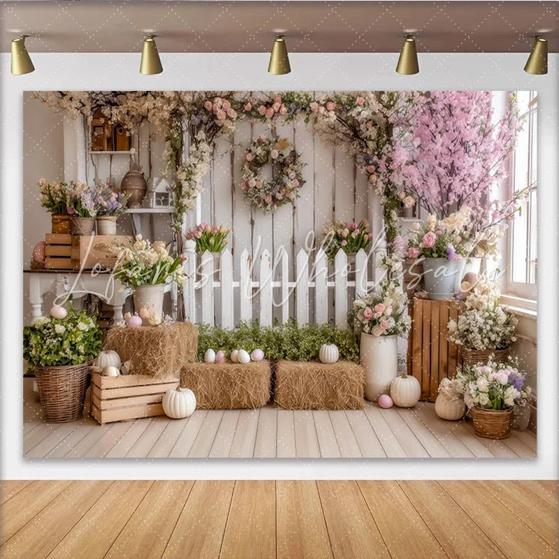 Lofaris Rustic White Picket Fence Easter Photography Backdrop with Pink Cherry Blossoms and Spring Flowers Studio Background for Portraits