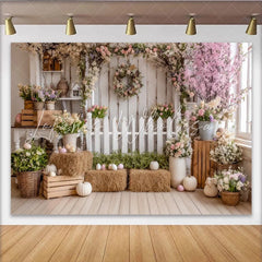 Lofaris Rustic White Picket Fence Easter Photography Backdrop with Pink Cherry Blossoms and Spring Flowers Studio Background for Portraits