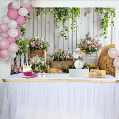 Lofaris Rustic White Wood Floral Photography Backdrop with Pink and White Flowers Elegant Studio Background for Spring Photoshoot