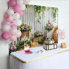 Lofaris Rustic White Wood Floral Photography Backdrop with Pink and White Flowers Elegant Studio Background for Spring Photoshoot