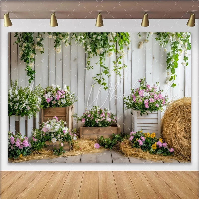 Lofaris Rustic White Wood Floral Photography Backdrop with Pink and White Flowers Elegant Studio Background for Spring Photoshoot