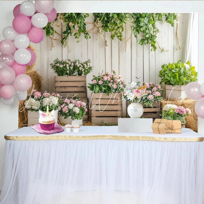 Lofaris Rustic White Wood Floral Photography Backdrop with Pink and White Flowers Studio Background for Spring Photoshoot and Event Decor