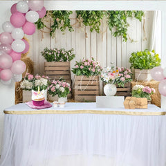 Lofaris Rustic White Wood Floral Photography Backdrop with Pink and White Flowers Studio Background for Spring Photoshoot and Event Decor