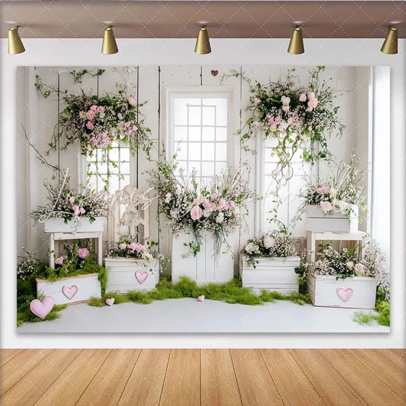 Lofaris Rustic White Wood Floral Photography Backdrop with Pink Roses and Greenery Elegant Studio Background for Spring Photoshoot