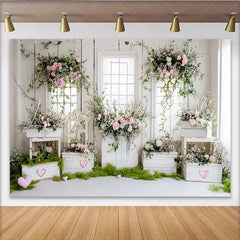 Lofaris Rustic White Wood Floral Photography Backdrop with Pink Roses and Greenery Elegant Studio Background for Spring Photoshoot