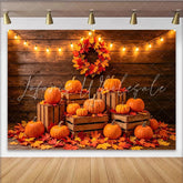 Lofaris Rustic Wood Autumn Harvest Backdrop with Pumpkins and Fall Leaves Cozy String Lights Photography Background for Fall Party