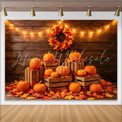 Lofaris Rustic Wood Autumn Harvest Backdrop with Pumpkins and Fall Leaves Cozy String Lights Photography Background for Fall Party