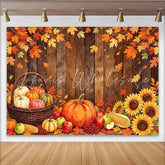 Lofaris Rustic Wood Autumn Harvest Backdrop with Pumpkins Sunflowers and Fall Leaves Farm Produce Background for Thanksgiving Decor