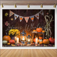 Lofaris Rustic Wood Autumn Harvest Holiday Backdrop with Pumpkins and Lanterns Cozy Fall Festival Background for Photography and Party Decor