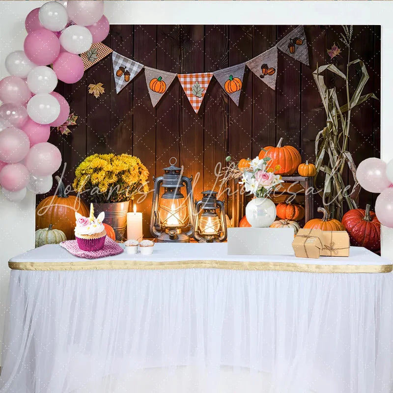 Lofaris Rustic Wood Autumn Harvest Holiday Backdrop with Pumpkins and Lanterns Cozy Fall Festival Background for Photography and Party Decor