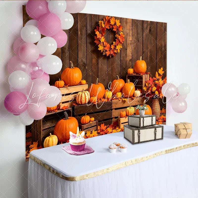 Lofaris Rustic Wood Autumn Harvest Holiday Backdrop with Pumpkins and Leaves Festive Fall Decor Background for Thanksgiving