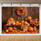 Lofaris Rustic Wood Autumn Harvest Holiday Backdrop with Pumpkins and Leaves Festive Fall Decor Background for Thanksgiving