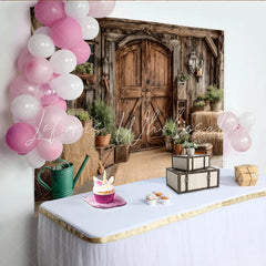 Lofaris Rustic Wood Barn Door Photography Backdrop with Hay Bales and Greenery Farmhouse Style Studio Background for Photoshoot
