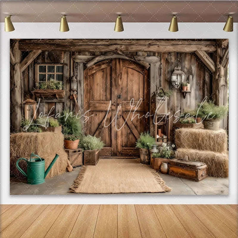 Lofaris Rustic Wood Barn Door Photography Backdrop with Hay Bales and Greenery Farmhouse Style Studio Background for Photoshoot