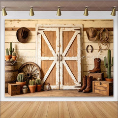 Lofaris Rustic Wood Barn Door Western Photography Backdrop with Cowboy Hats and Boots Country Farmhouse Studio Background for Photoshoot