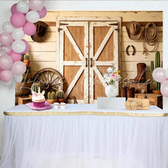 Lofaris Rustic Wood Barn Door Western Photography Backdrop with Cowboy Hats and Boots Country Farmhouse Studio Background for Photoshoot