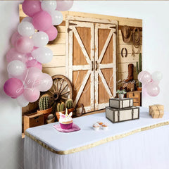 Lofaris Rustic Wood Barn Door Western Photography Backdrop with Cowboy Hats and Boots Country Farmhouse Studio Background for Photoshoot