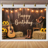 Lofaris Rustic Wood Country Happy Birthday Backdrop with Sunflowers and Guitar Western Photo Background for Party Decor and Photoshoot
