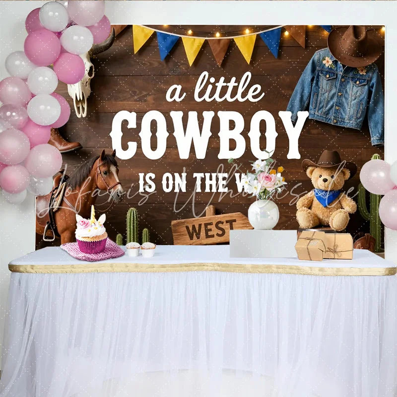Lofaris Rustic Wood Cowboy Baby Shower Backdrop for Boy Western Theme Party Decor with Bull Skull Boots and Cacti for Photoshoot