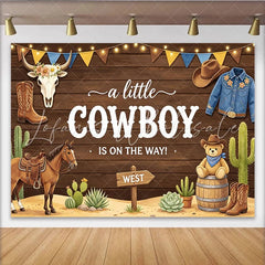 Lofaris Rustic Wood Cowboy Baby Shower Backdrop with Horse Cactus and Teddy Bear Western Party Photo Booth Background Decor