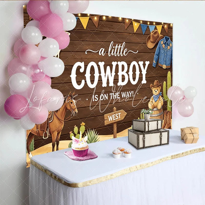 Lofaris Rustic Wood Cowboy Baby Shower Backdrop with Horse Cactus and Teddy Bear Western Party Photo Booth Background Decor