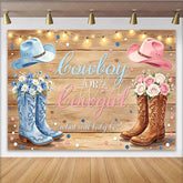 Lofaris Rustic Wood Cowboy or Cowgirl Gender Reveal Baby Shower Backdrop Blue and Pink Western Theme Photography Background for Party