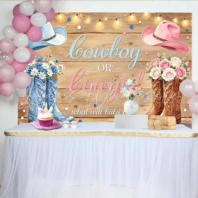 Lofaris Rustic Wood Cowboy or Cowgirl Gender Reveal Baby Shower Backdrop Blue and Pink Western Theme Photography Background for Party