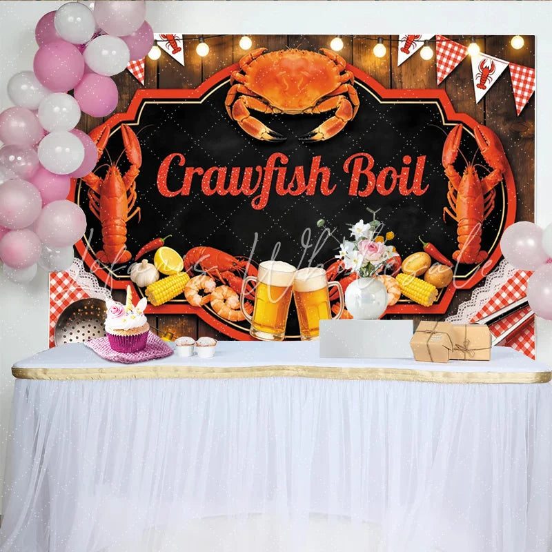 Lofaris Rustic Wood Crawfish Boil Backdrop for Summer Party Red Gingham Seafood Feast Banner for Picnic Decor