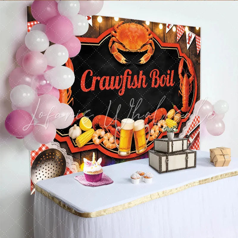Lofaris Rustic Wood Crawfish Boil Backdrop for Summer Party Red Gingham Seafood Feast Banner for Picnic Decor