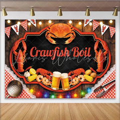 Lofaris Rustic Wood Crawfish Boil Backdrop for Summer Party Red Gingham Seafood Feast Banner for Picnic Decor