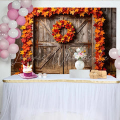 Lofaris Rustic Wood Door Autumn Maple Leaf Photography Backdrop with Wreath Vibrant Fall Season Photo Background for Studio Photoshoot