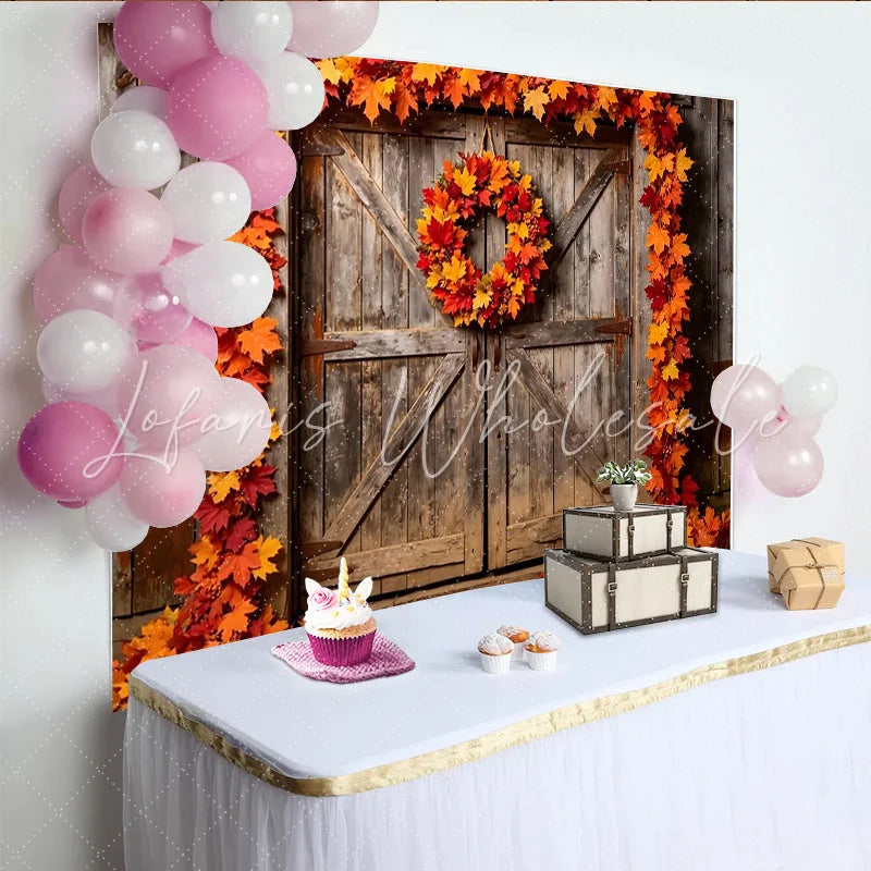 Lofaris Rustic Wood Door Autumn Maple Leaf Photography Backdrop with Wreath Vibrant Fall Season Photo Background for Studio Photoshoot