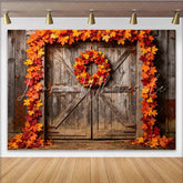 Lofaris Rustic Wood Door Autumn Maple Leaf Photography Backdrop with Wreath Vibrant Fall Season Photo Background for Studio Photoshoot