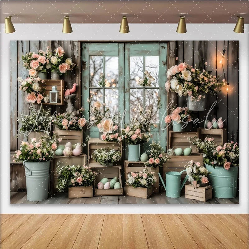 Lofaris Rustic Wood Easter Backdrop with Pastel Flowers and Eggs Mint Green Window Photography Background for Spring